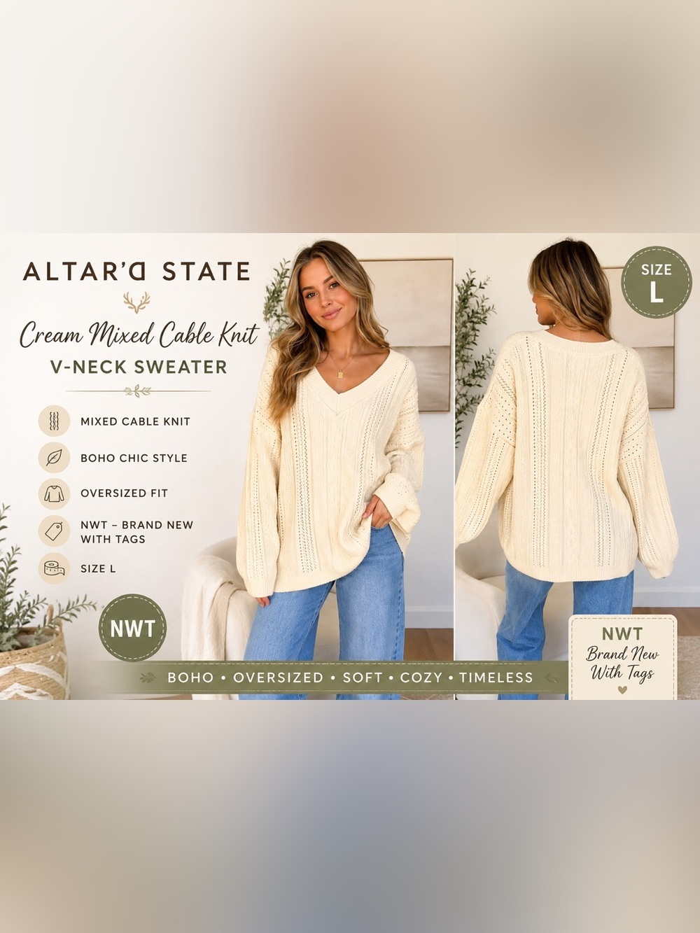 Altar'd State Cream Mixed Cable Knit V-
Neck Sweater Size L Boho Oversized NWT